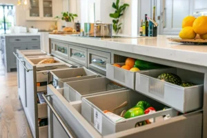 Modular kitchen drawers and pull-out storage organisers