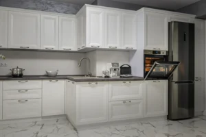 White modular kitchen design in Kottayam