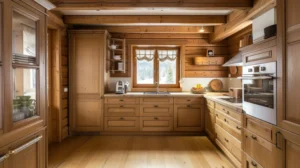 Wooden finish modular kitchen in a Kottayam home
